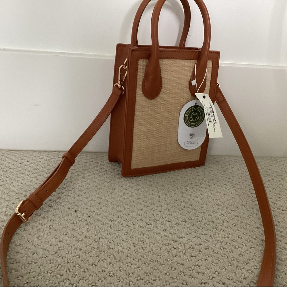 Tan Vegan Leather & Canvas Mini Tote Bag with Adjustable Strap